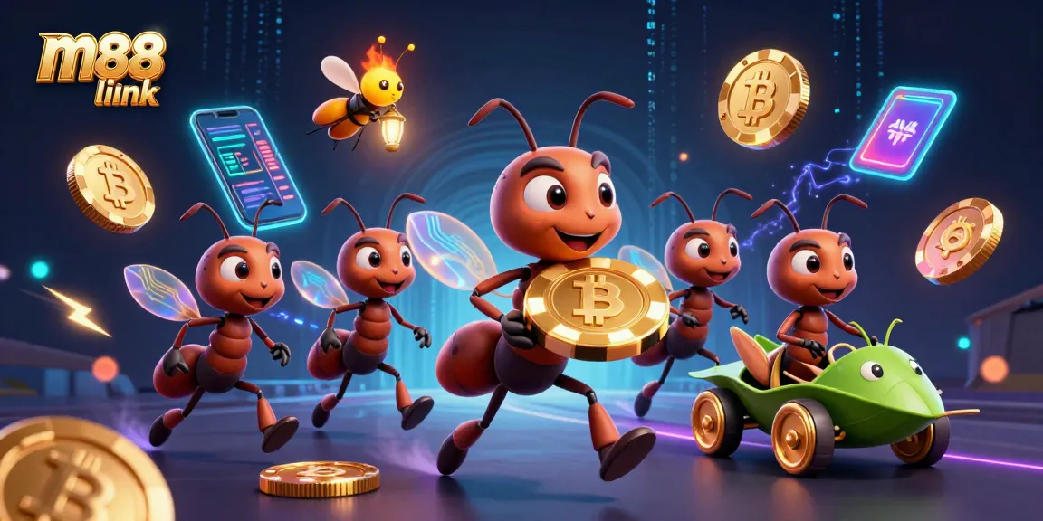 Engage with m88 link as ants transport a giant poker chip in a vibrant casino heist scene.