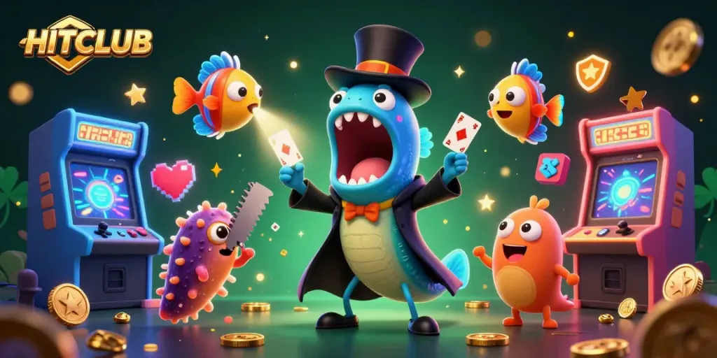 Engage with HITCLUB in a vibrant arcade casino scene featuring magical sea creatures and gaming elements.