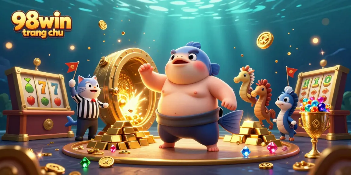 Join the fun at 98win trang chu with an exciting underwater casino scene featuring a fugu character and vibrant game elements.