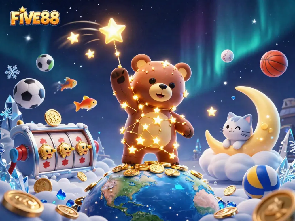 Experience thrill with FIVE88 in this rich 3D illustration of a vibrant casino atmosphere.