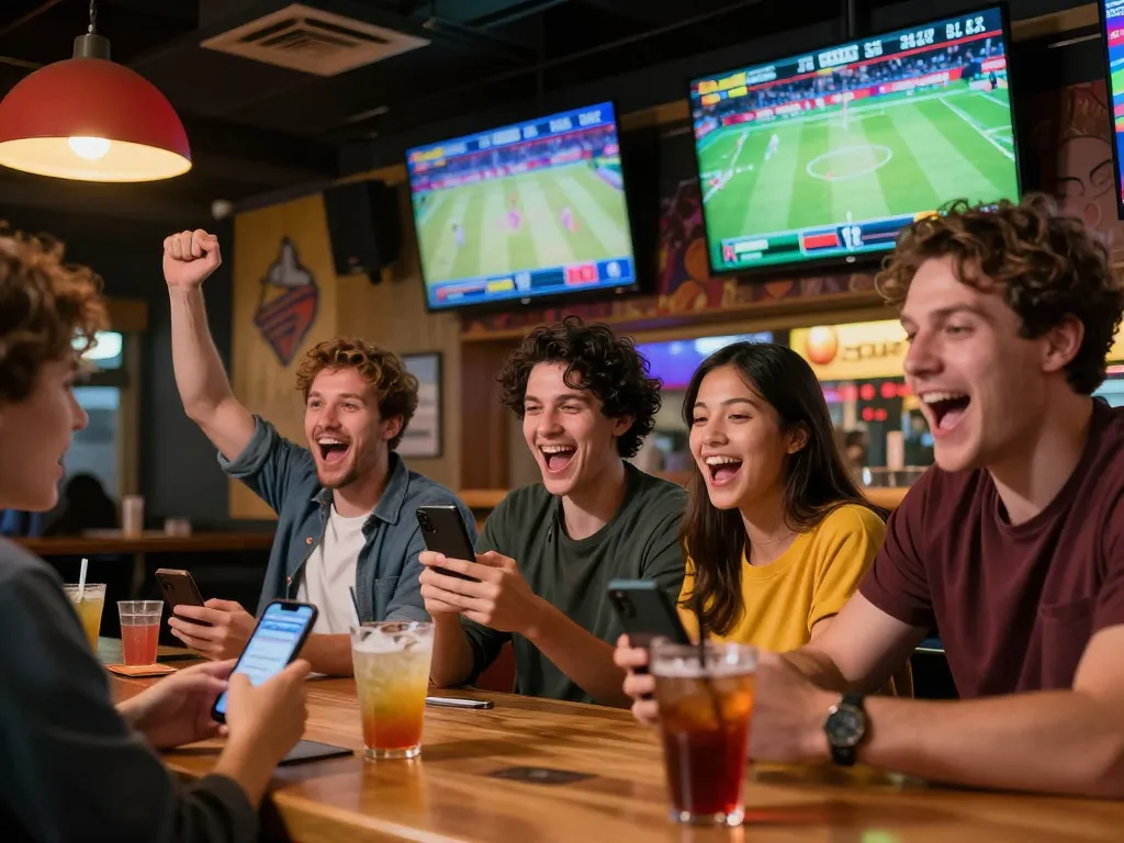 Cá cược Tic88 in action as sports fans engage in live betting at a lively sports bar.
