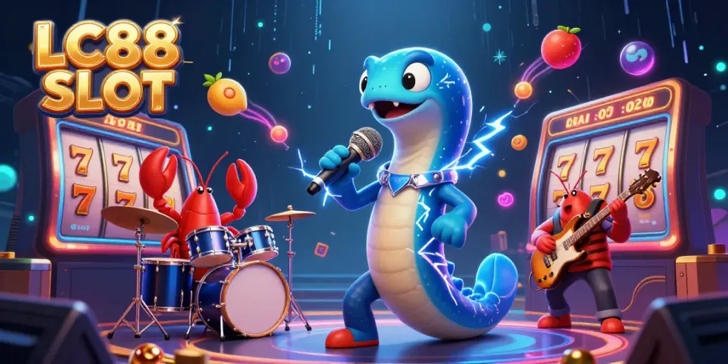 Experience thrilling LC88 SLOT action with an electric eel DJ and vibrant casino characters in a dynamic underwater stage.