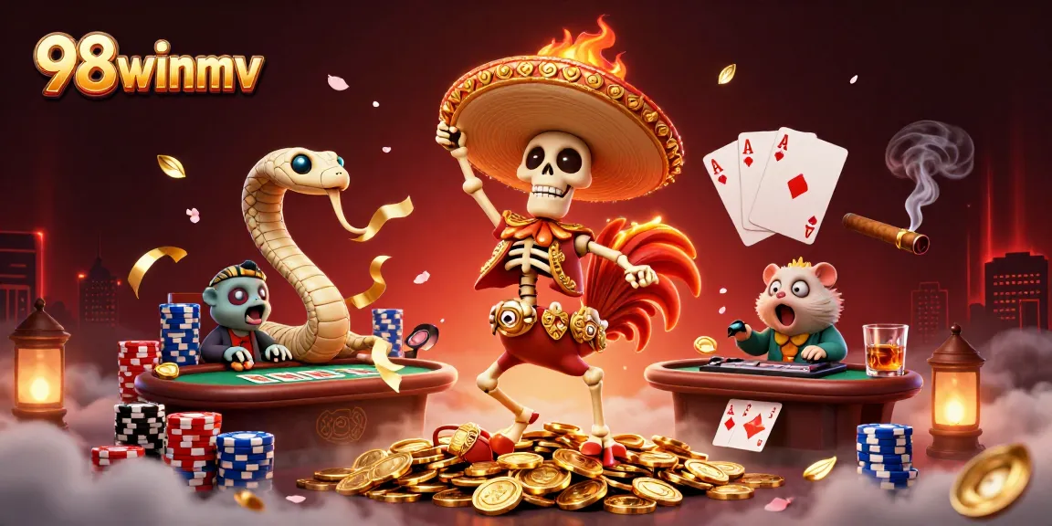 Experience excitement at 98winmv with a vibrant casino scene featuring a dancing mariachi rooster and animated gaming elements.