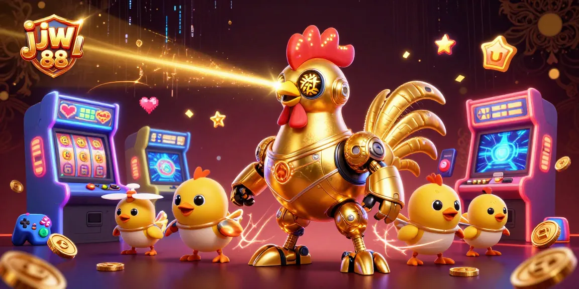 Experience thrilling wins with jw 88 as golden rooster robot engages in slot gaming action.