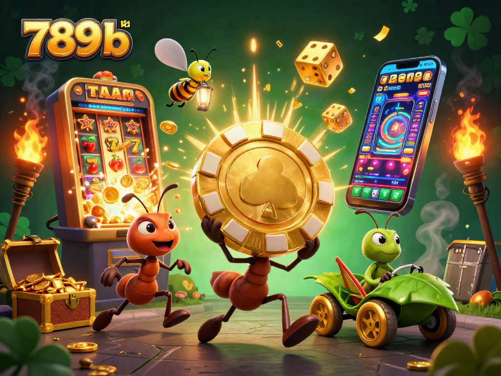 Join the 789b action as ants carry a giant poker chip in a vibrant casino heist scene.