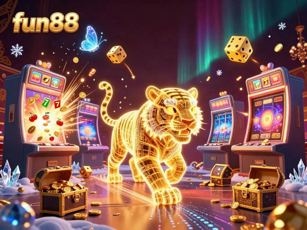 Experience fun88's vibrant casino scene with a golden tiger and jackpot slots.
