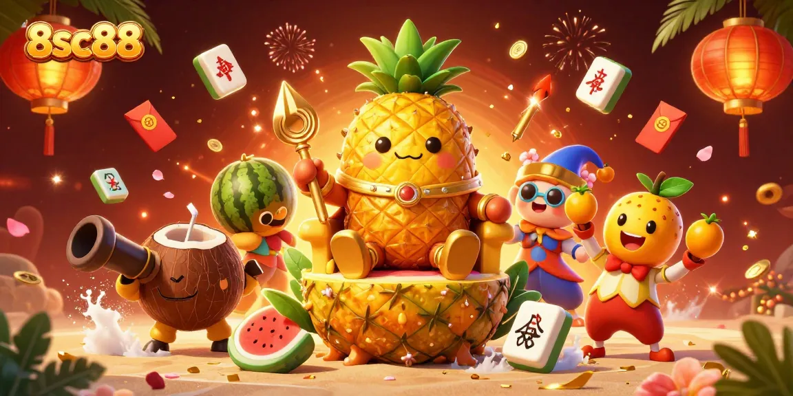 Bet on 8sc88 with the golden pineapple king and casino-themed characters enjoying vibrant beach activities.