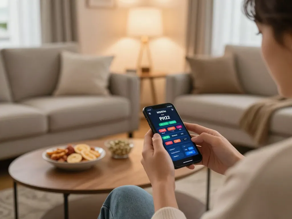 Players enjoying the PH22 mobile app in a cozy home environment, emphasizing responsible gaming and fun.