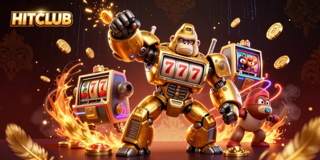 Engage in thrilling action with HITCLUB's dynamic casino scene featuring a golden gorilla mech and exciting slot elements.