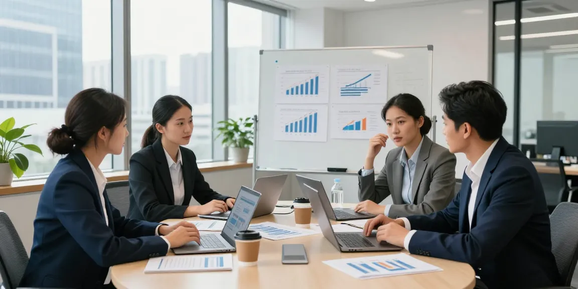 Accounting services for small business team meeting in a modern office, diverse professionals analyzing financial strategies.