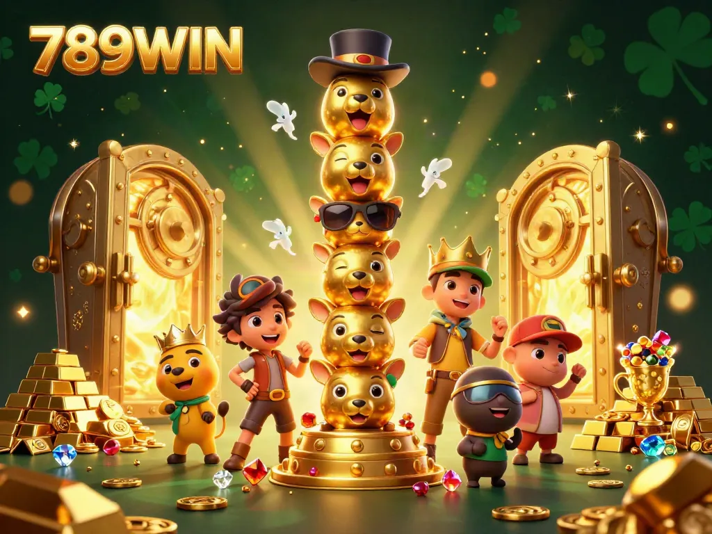 Experience the vibrant gaming world of 789WIN with a lively 3D totem of animal faces surrounded by treasure and casino elements.