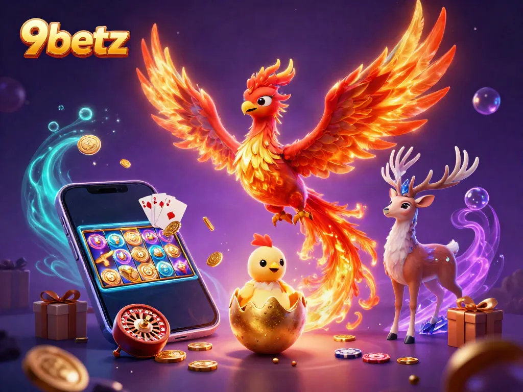 Experience the winning energy of 9betz with colorful casino elements and mythical creatures.