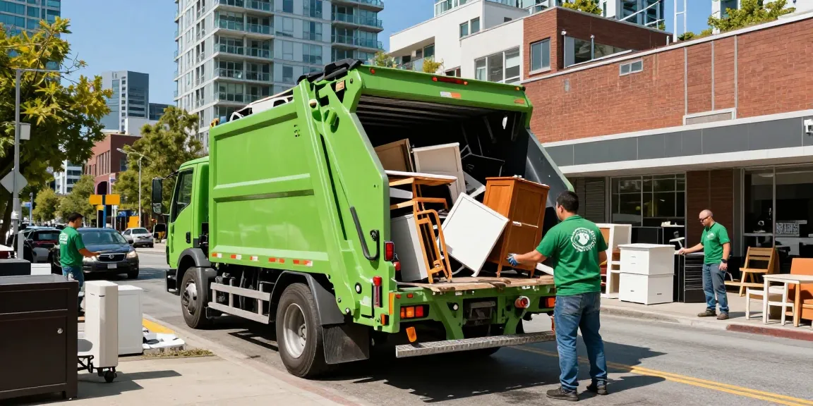 Waste Removal Vancouver professionals loading junk into a green truck in an urban setting, showcasing efficient service.