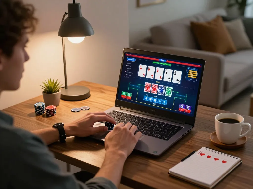 Engaging online gaming scene showing a player enjoying blackjack on vuabet88i platform in a warm living room.