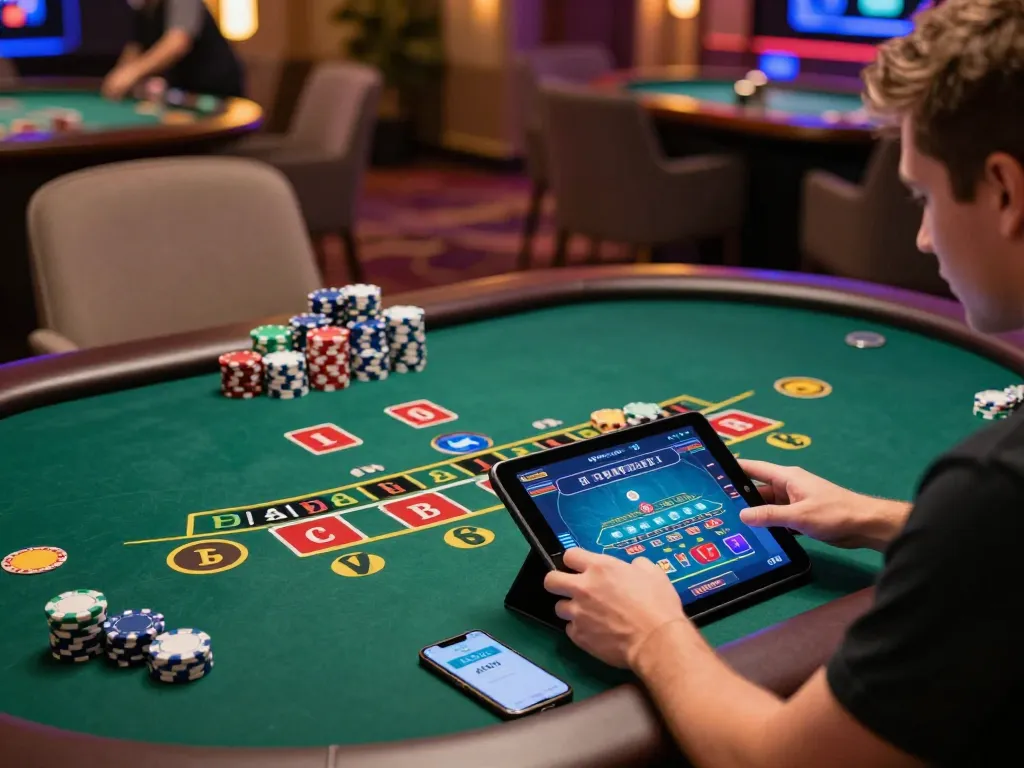 Người chơi tương tác với ứng dụng KO66 trong khi chơi blackjack trực tiếp trên máy tính bảng, xung quanh là những chip màu sắc rực rỡ.