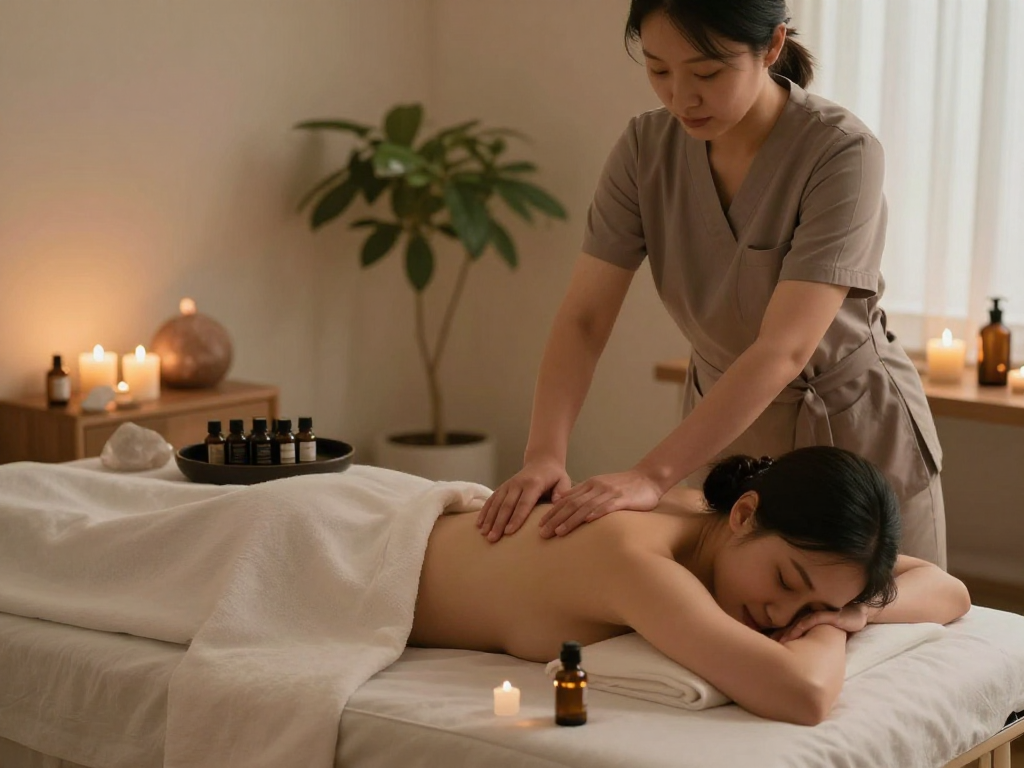 Massage therapy scene showcasing 용산출장안마 in a tranquil wellness studio with candles and greenery.
