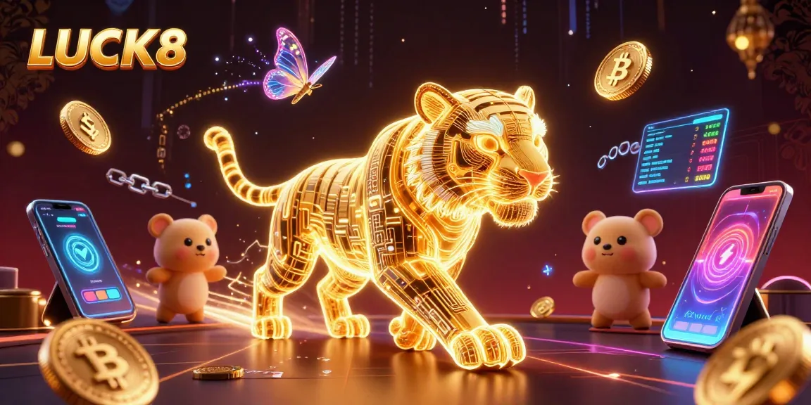 LUCK8 neon casino themed image featuring a golden tiger and crypto coins in a digital landscape