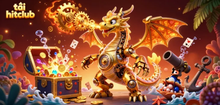 Engage in gaming as you tải hitclub with a vibrant scene of a golden dragon and colorful treasures.