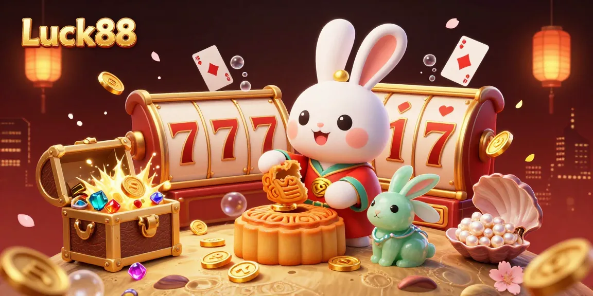 Experience the Luck88 excitement with a captivating casino scene featuring a moon rabbit and vibrant gaming elements.
