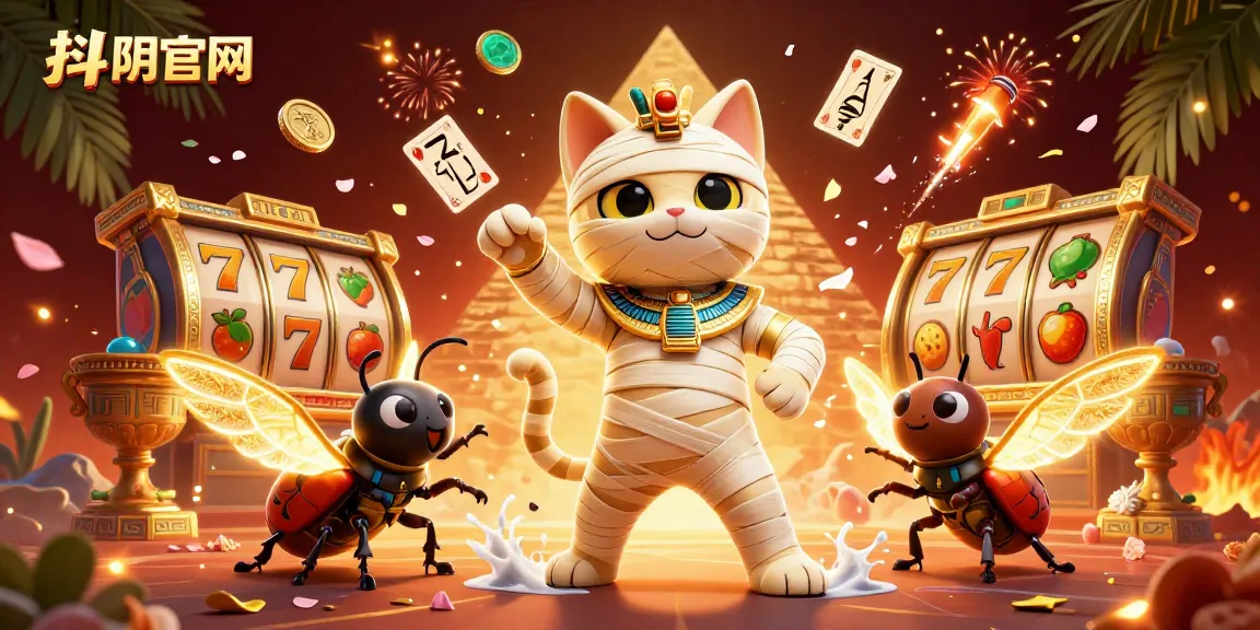 Experience the excitement at 抖阴官网 with the mummy cat and lucky elements amidst a vibrant casino scene.