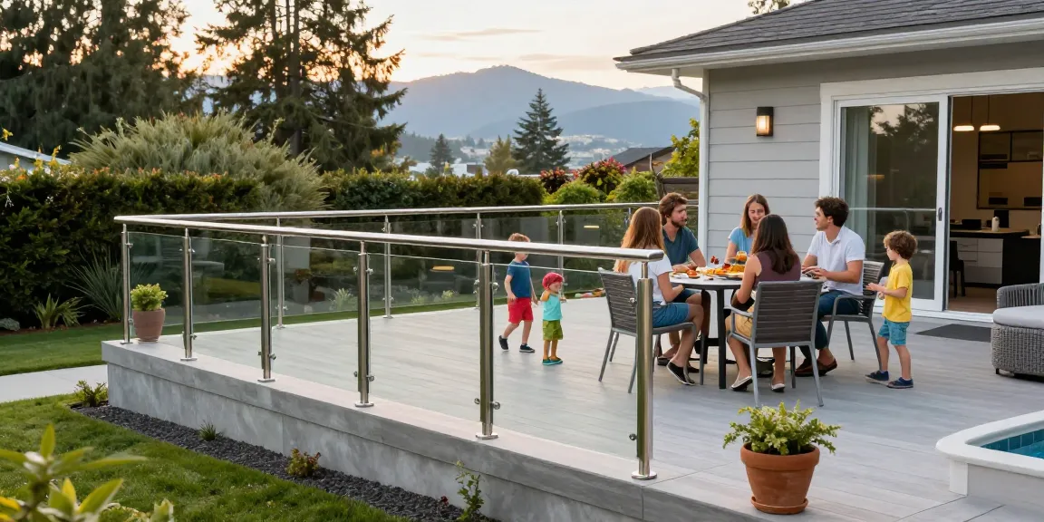 Custom railings in West Vancouver enhancing outdoor living space with family barbecue.