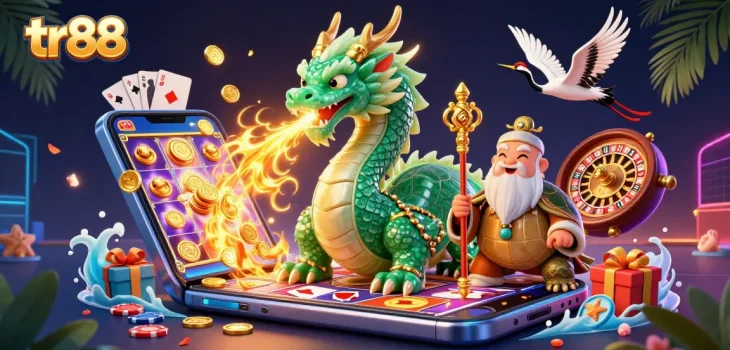 Experience the excitement at tr88 with a vibrant dragon, games, and golden treasures!