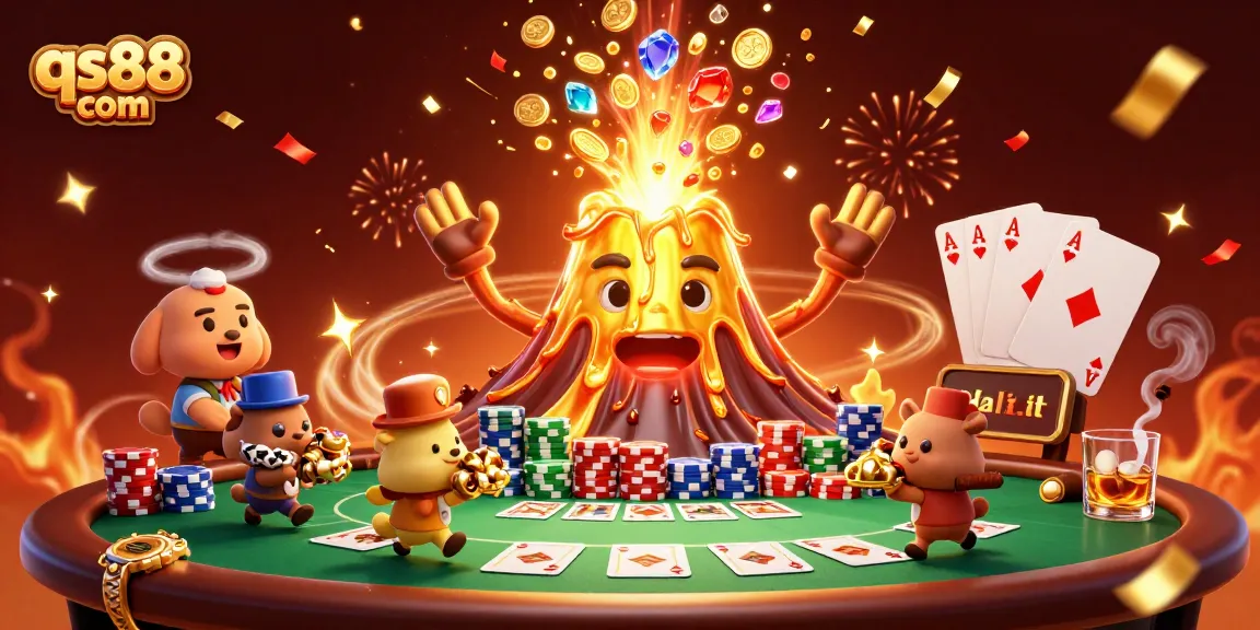Experience thrilling wins at qs88 com with a grand casino scene featuring treasure and poker elements.
