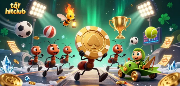 Engage in thrilling gaming by tải hitclub and join the adventure with cartoon ants heisting a giant poker chip.