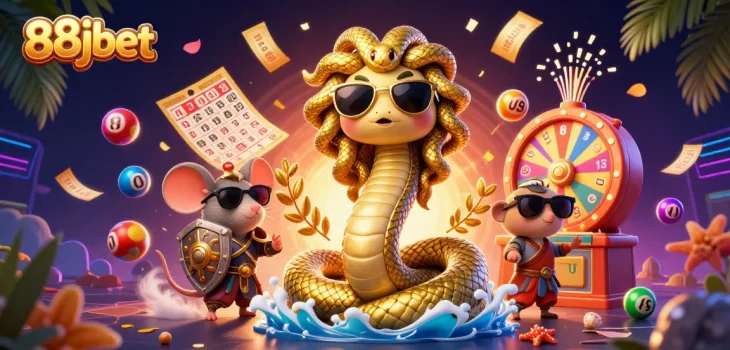 Experience excitement with 88jbet through a vibrant illustration of friendly casino characters, games, and prizes!