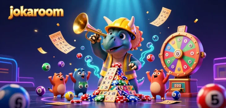 Join the fun at jokaroom with a triceratops building poker chip towers in a lively casino scene.