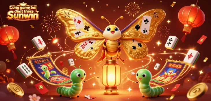 Cổng game bài đổi thưởng Sunwin showcasing vibrant casino scenes with 3D cartoon characters celebrating