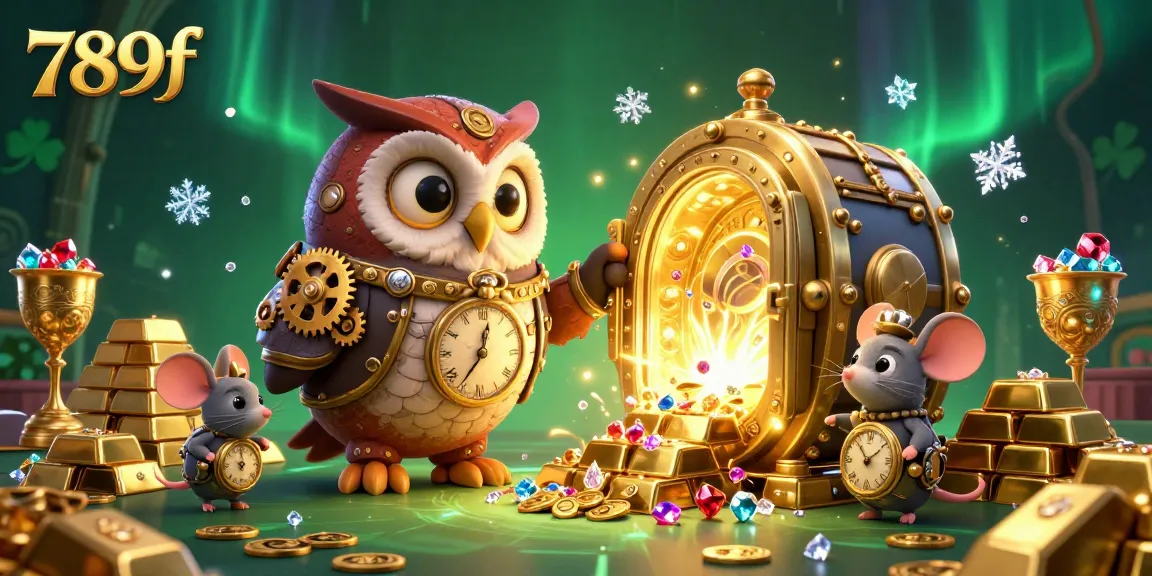 Spin and win at 789f's vibrant casino with a whimsical time-traveling owl and treasures overflowing.