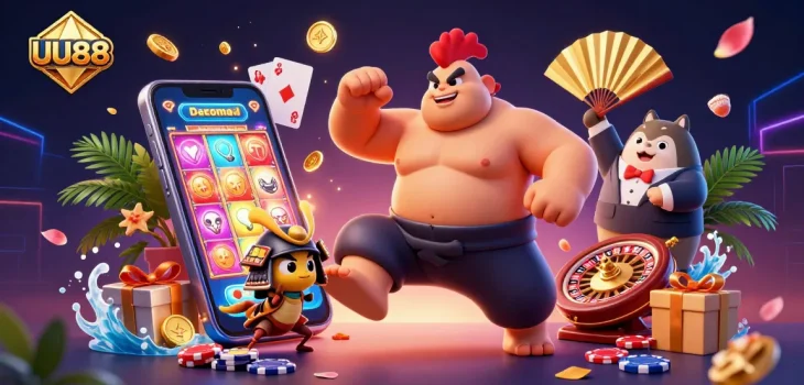 Engage with thrilling gameplay at UU88 featuring a sumo wrestler rooster, fierce cricket, and dynamic casino elements.