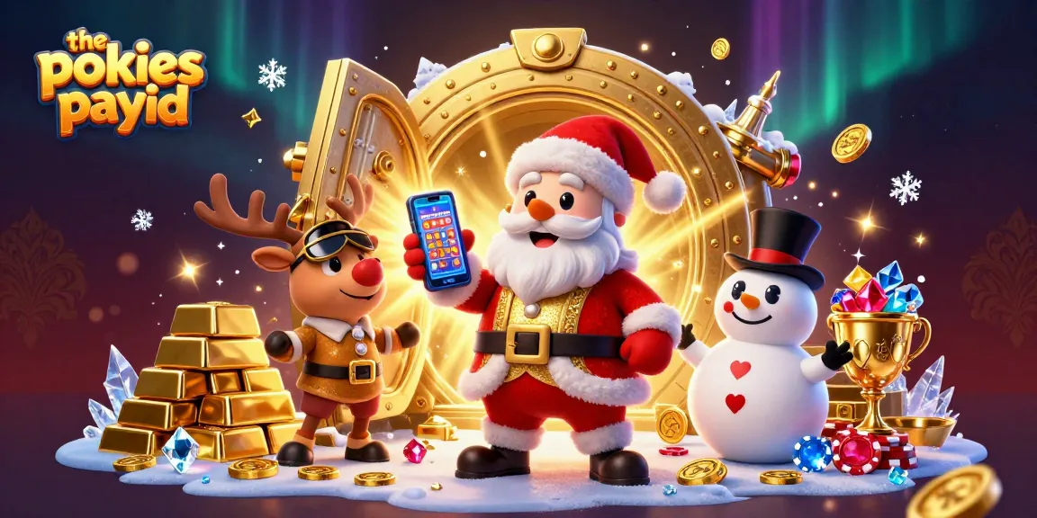 The pokies payid illuminates a festive 3D casino, featuring Santa, his reindeer, and a poker-themed snowman.