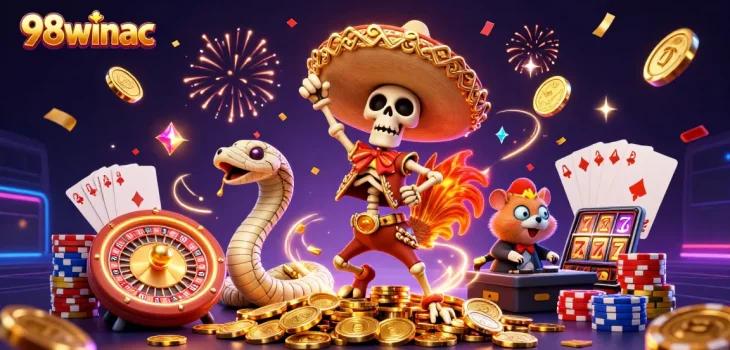 Experience the vibrant festivities of 98winac with characters dancing on golden coins and sparkling gems.
