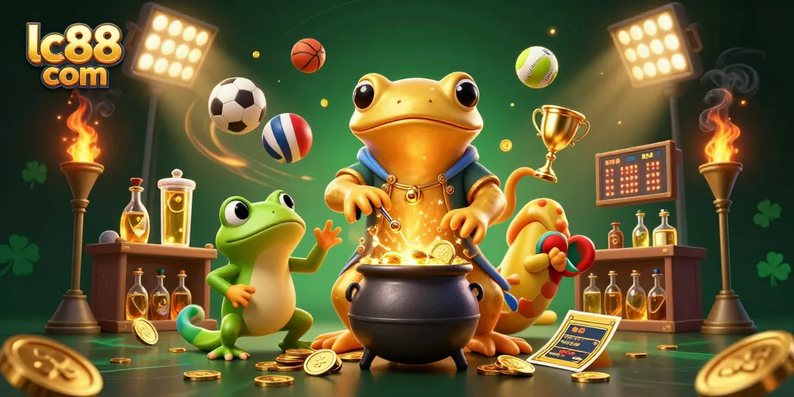 Experience the excitement of lc88 com with a vibrant illustration of casino elements, featuring golden coins and sports action.