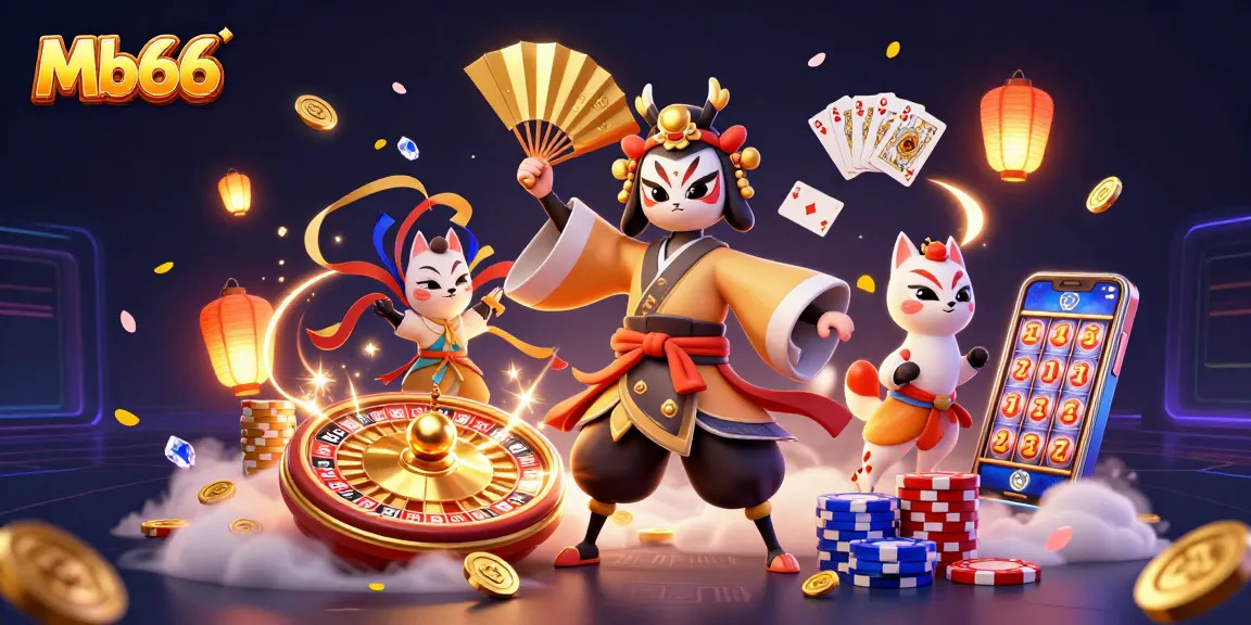 Mb66 gaming action, showcasing a vibrant casino atmosphere with kabuki warriors and dynamic slot elements.