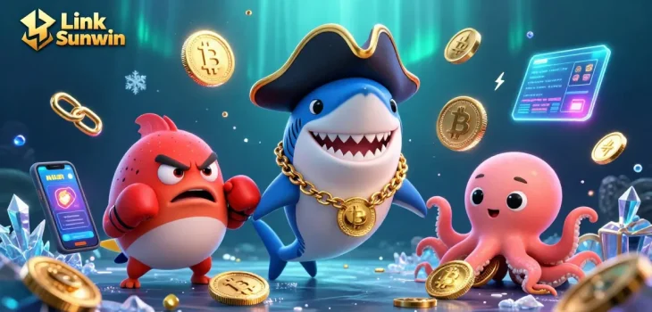 Engage with Link Sunwin, featuring a playful pirate shark, pufferfish, and octopus in an exciting casino scene.