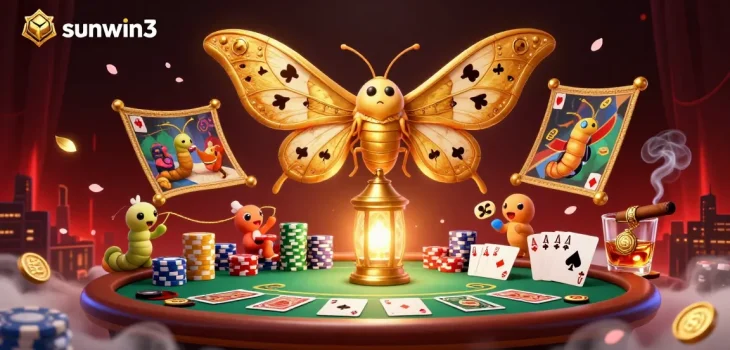 Experience sunwin3 with a stunning portrayal of gaming elements and a majestic moth in a vibrant casino setting.
