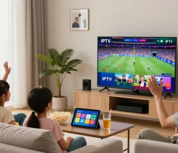 Enjoy premium IPTV streaming in a modern living room with family watching sports.