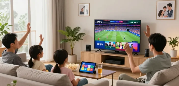 Enjoy premium IPTV streaming in a modern living room with family watching sports.