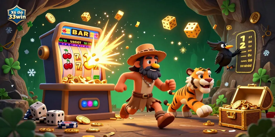 Xổ số 33win showcases an exciting scene of a prehistoric casino with vibrant characters and dynamic gaming elements.