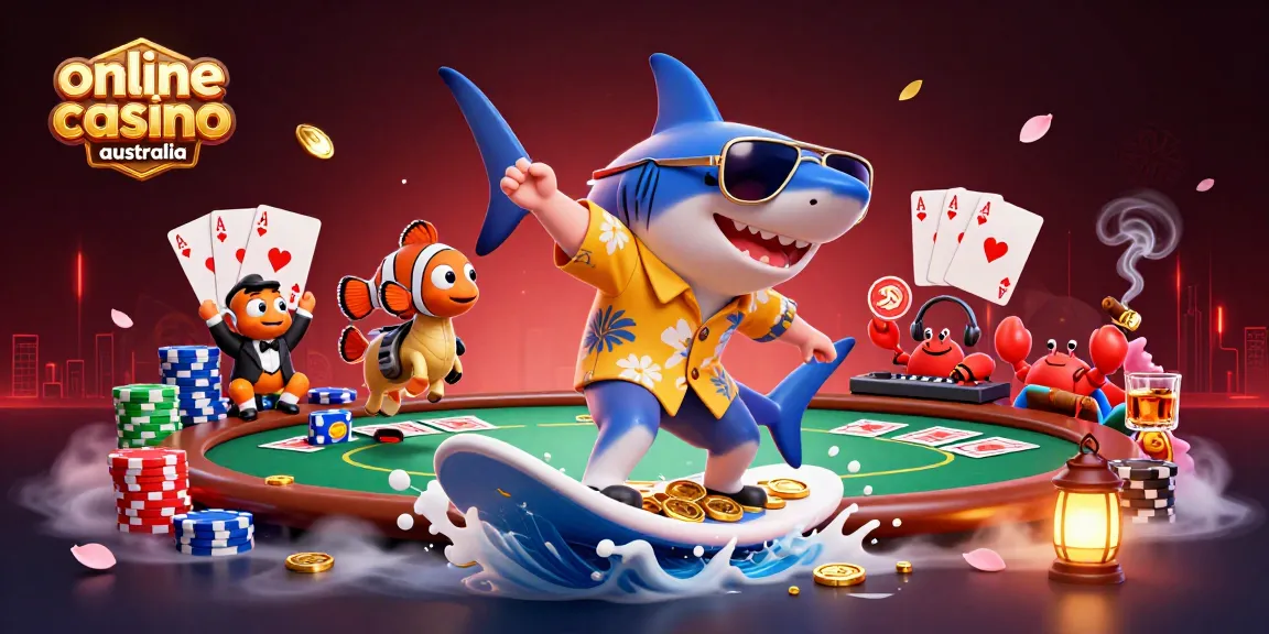 Experience exciting moments at online casino Australia with a cartoon shark and friends in a lively casino scene.