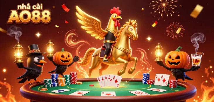 Engage in gaming excitement at nhà cái AO88 with a golden rooster in a dynamic casino scene.