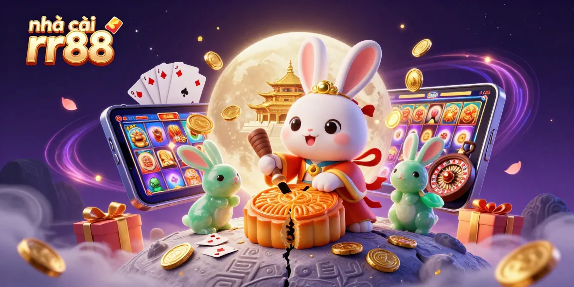 Win with nhà cái rr88 as the moon rabbit reveals poker chips and fun casino elements in a vivid 3D scene.