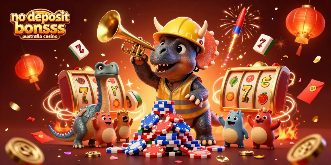 No deposit bonuses Australia casino represented in a festive 3D scene with cartoon dinosaurs and casino elements.