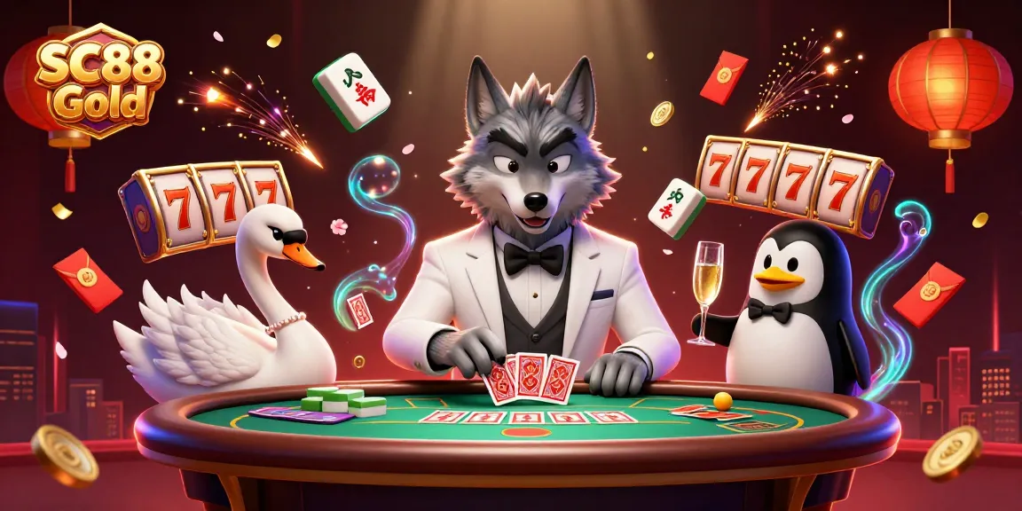 Engage with SC88 Gold at a vibrant baccarat table featuring a debonair wolf and elegant dealer.