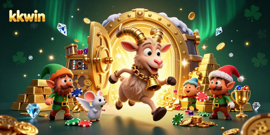 Experience thrilling gaming at KKWIN's vibrant casino with gold treasures, playful characters, and festive atmosphere.