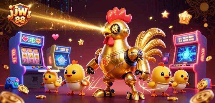 Experience thrilling wins with jw 88 as golden rooster robot engages in slot gaming action.