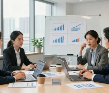 Accounting services for small business team meeting in a modern office, diverse professionals analyzing financial strategies.
